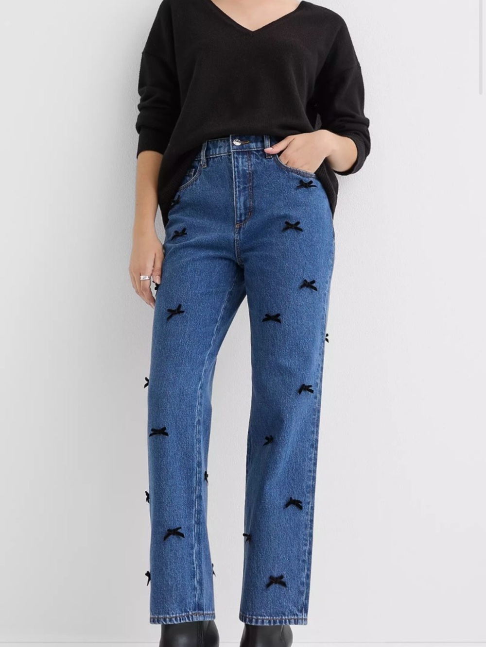LOFT NWOT Blue Straight-Leg Jeans with Black Bow Appliqués